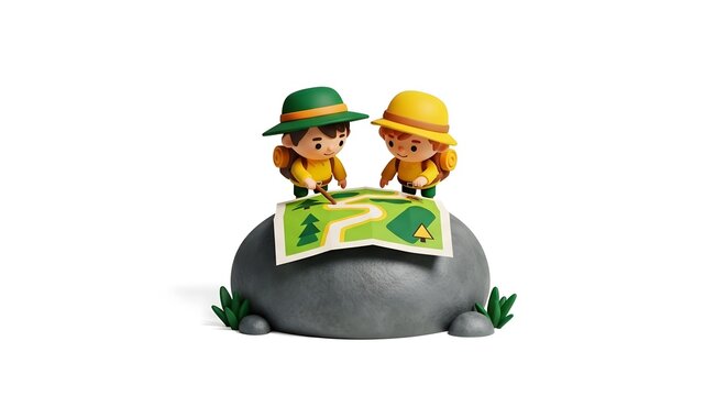Two cartoon children in hats looking at a map on a rock with a green landscape