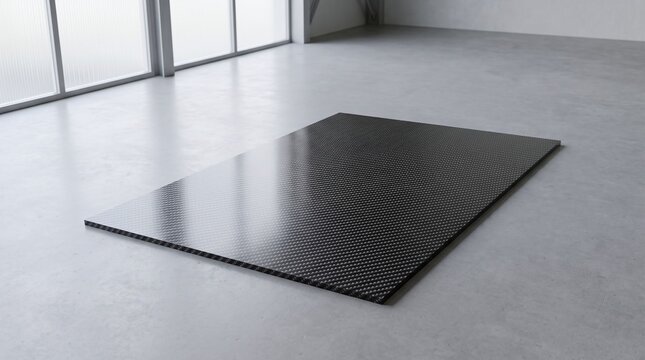 Black Carbon Fiber Sheet Panel with Glossy Weave Texture on Concrete Floor