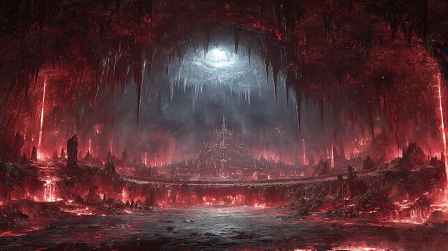Infernal Cityscape: A fiery hellscape revealing a lost civilization in depths