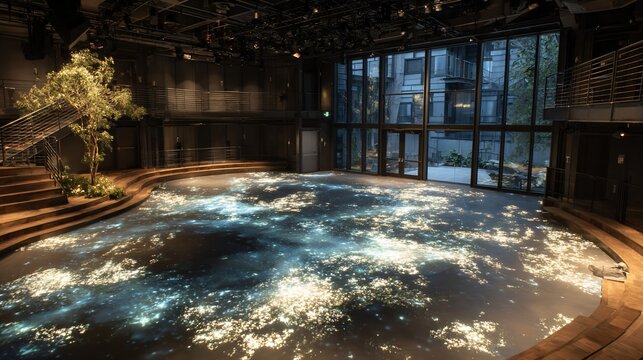 Innovative interior design with interactive floor projection in modern space, showcasing