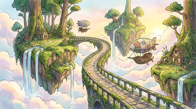 Whimsical floating islands with winding bridge and airships in a fantastical landscape with waterfalls and lush greenery at sunset