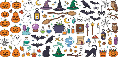Cute Halloween vector clipart icons set with spooky ghosts magic potions pumpkins and witch hats © MdMejanur