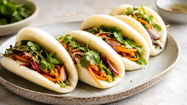 Steamed bao buns with fresh vegetables and herbs on a ceramic plate. Asian street food concept.