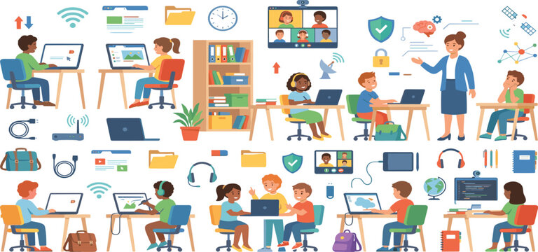 Elementary school students learning digital technology and coding in online smart classroom banner vector illustration