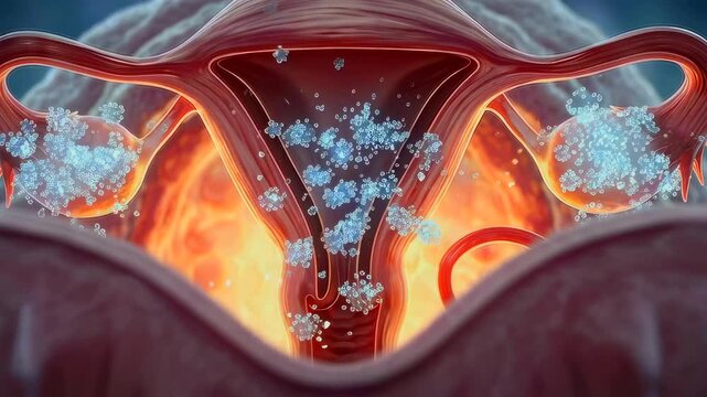 Uterus interior shows embryo clusters entering endometrium with fallopian tubes and warm vascular glow, blue embryo particles drifting toward implantation site in medical imaging view