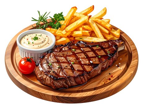 A grilled, juicy ribeye steak with a crisscross grill pattern sits on a wooden platter alongside golden fries, creamy sauce, and a tomato