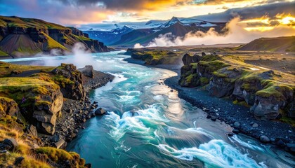 Fototapeta premium Scenic river flowing through a rugged, mountainous landscape at sunset.