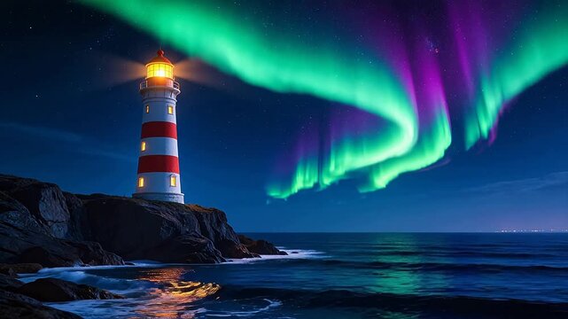 Lighthouse under northern lights