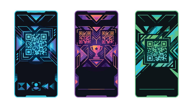 Set of three futuristic smartphone screen interfaces with QR codes and geometric patterns.