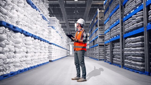 Full Body Side View Of Asian Male Engineer With Safety Helmet Taking Note On The Tablet And Looking Around While Standing at Warehouse Storage with Stacked White Sacks