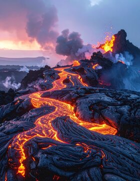 A dramatic volcanic eruption showcases molten lava flowing across rugged terrain under a colorful twilight sky.