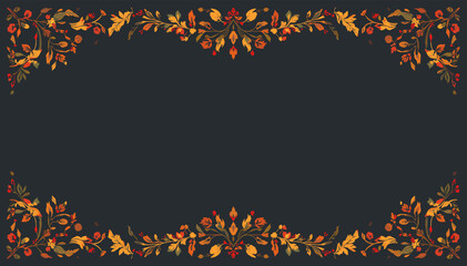Elegant autumn floral border design with warm fall colors on a dark background. © Merah