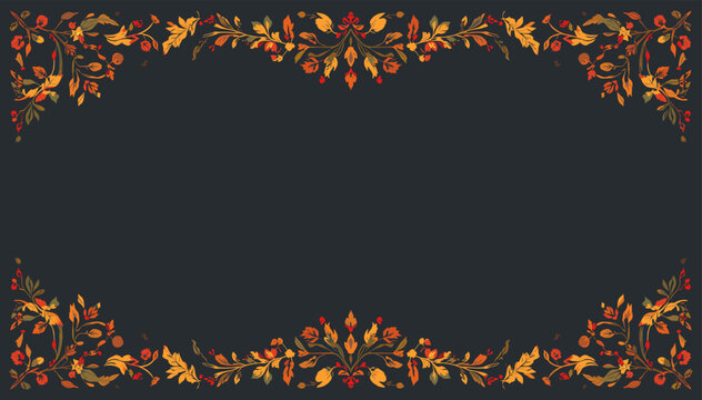Elegant autumn floral border design with warm fall colors on a dark background.