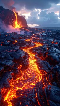 A river of molten lava flows down a volcanic mountain under a dramatic sky.
