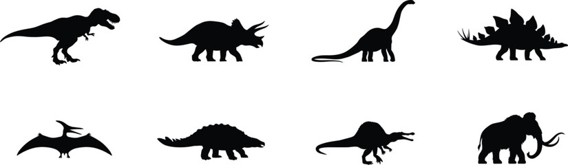 Prehistoric Dinosaur Silhouette Collection Vector Set with Mammoth and Flying Reptile Isolated © Md Baccu