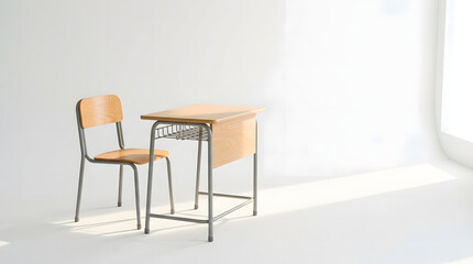 Fototapeta premium A minimalist classroom setting featuring a simple wooden school desk with a matching chair, bathed in soft natural light