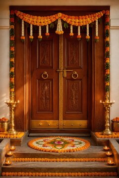 Traditional Indian house entrance decorated for Diwali with marigold flowers and diyas