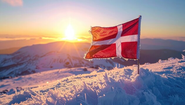 Danish flag waves on a frosty mountain peak at sunrise.