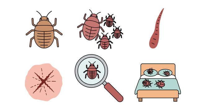 Illustrated depiction of various bed bugs life stages and related objects