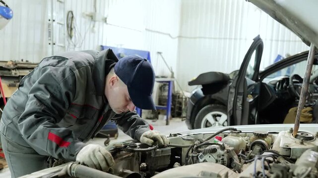Skilled mechanic diagnosing automotive engine problem, wearing protective gloves, working inside professional repair workshop