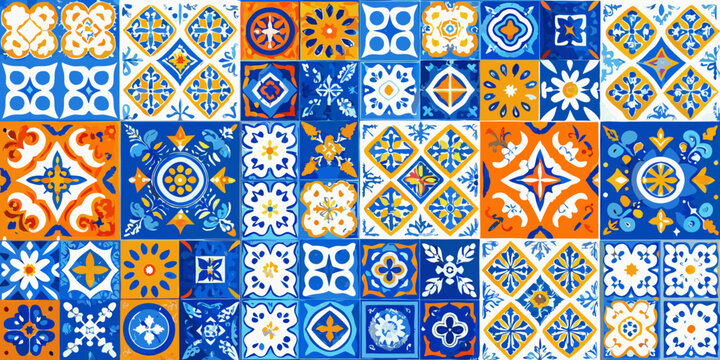Geometric floral ornament pattern in blue and orange tones