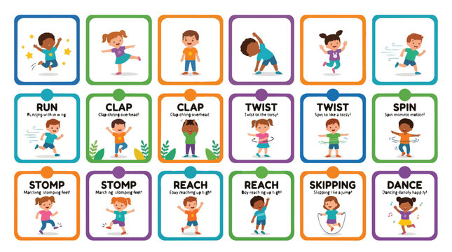 Educational flashcards set featuring diverse children performing various physical activities and movements.