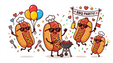 Kawaii hot dog mascot characters having a bbq party with balloons © Fazal