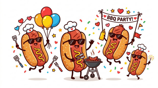 Kawaii hot dog mascot characters having a bbq party with balloons