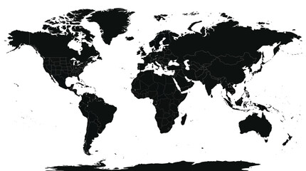 Stylized world map featuring black continent silhouettes on a clean isolated white background, perfect for international themes. © yayaya