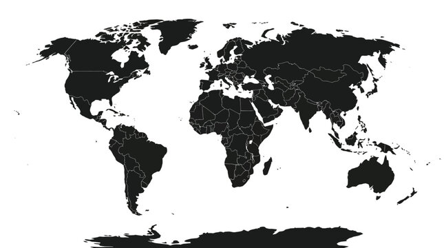 Minimalist world map showing black continent shapes on a pure isolated white background, suitable for global context designs.