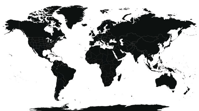 Stylized world map featuring black continent silhouettes on a clean isolated white background, perfect for international themes.