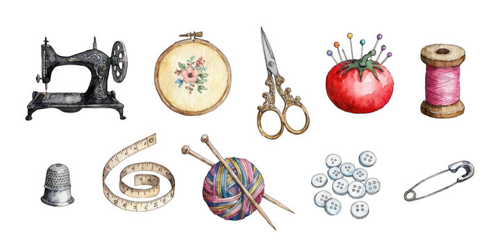 Watercolor illustration of sewing and crafting tools and accessories on transparent background
