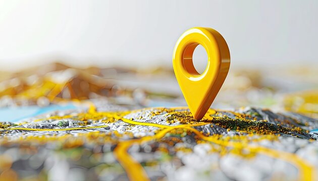 A yellow map pin icon is placed on a detailed topographic map.