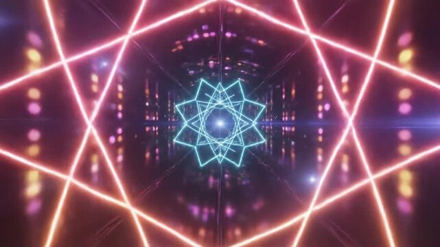 Vibrant neon geometric patterns form a glowing blue flower-like shape in a dark abstract tunnel with intersecting lines and colorful lights.