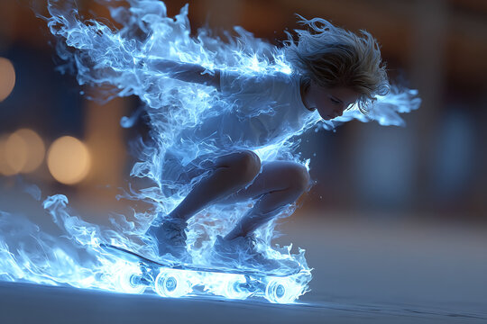 Hoverboard freestyle dancer glowing with electric blue energy sparks in dark urban setting