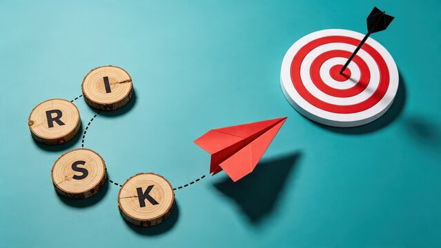 Risk management concept with wooden blocks spelling risk, paper airplane flying towards target with arrow hitting bullseye