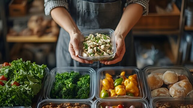 A baker presents a clear container of prepared meal with fresh ingredients in the background showcasing healthy food options for sustainable eating practices emphasizing clean cooking.