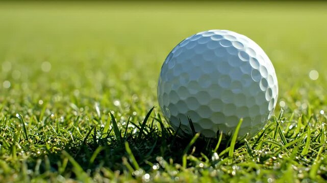 Close-up of white dimpled golf ball on short green grass under sunlight. Selective focus on ball with blurred fairway background. Professional sports equipment on turf.