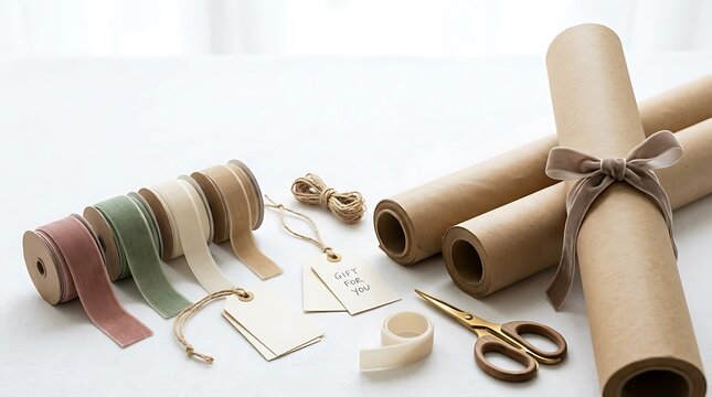 Gift Wrapping Station with Kraft Paper Rolls and Velvet Ribbons