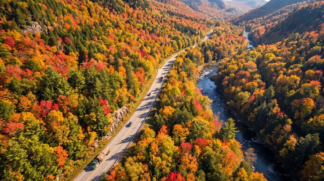 Aerial view of a winding road through a forest in autumn with colorful foliage and a river