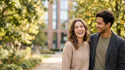 Fototapeta premium Happy couple walking outdoors with trees and building in background
