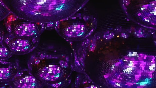 Celebrate a dazzling birthday bash at a vibrant disco. Numerous shimmering mirror balls cast a kaleidoscope of electric purple, blue, and green light, crafting a sensational night of jubilant dancing.