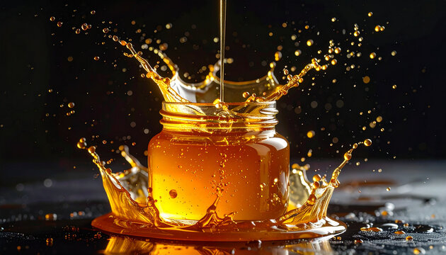 Honey splash golden liquid pouring into glass jar with water droplets