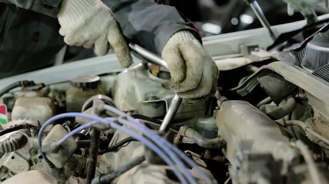 Professional mechanic tightening engine bolts with precision ratchet wrench, wearing protective gloves during intricate vehicle repair work at automotive workshop