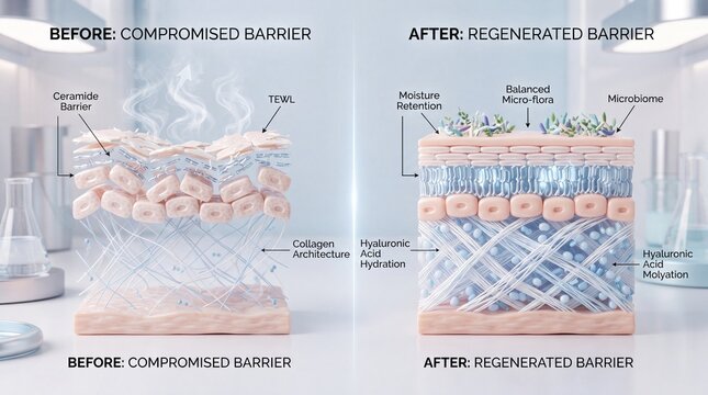 Ceramide barrier TEWL collagen architecture hyaluronic acid hydration moisture retention balanced micro flora microbiome hyaluronic acid molybation skin regeneration recovery advanced clinical