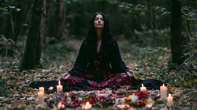 In a mystical forest, a Wiccan witch will perform a meditation ritual using candles and flowers, aiming to connect with sacred energy and ancient pagan practices