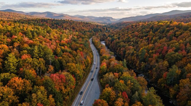 Aerial view of a winding road through a vibrant autumn forest with a river flowing alongside and mountains in the background under a cloudy sky