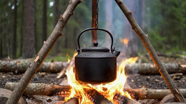Black metal kettle hanging from a chain on a rustic wooden tripod over an active campfire with bright orange flames in a green forest setting during daytime.
