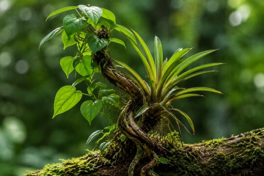 Two symbiotic plants intertwined and a mutual support system, green foliage in natural daylight.
