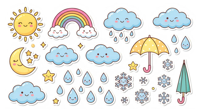 Cute pixel art weather icons set with sun rainbow clouds moon and umbrella for digital design